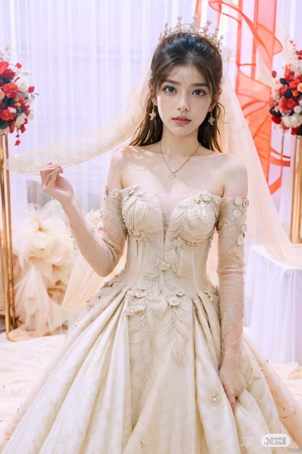  Ultra-clear 8k, real, night, smile, crown, necklace, perspective, hanger, wedding studio, nudity, diamonds, lots of dresses around, jy, bridal veil, wedding dress, 1 girl, Asian girl