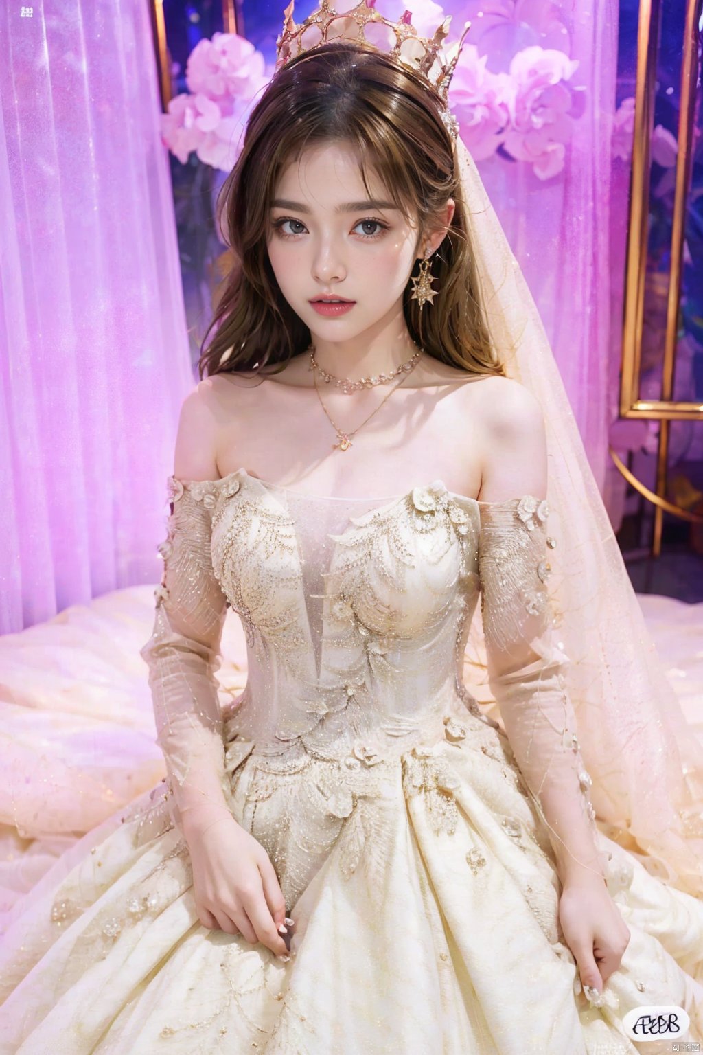  Ultra-clear 8k, real, night, smile, crown, necklace, perspective, hanger, wedding studio, nudity, diamonds, lots of dresses around, jy, bridal veil, Golden wedding dress, 1 girl, Asian girl