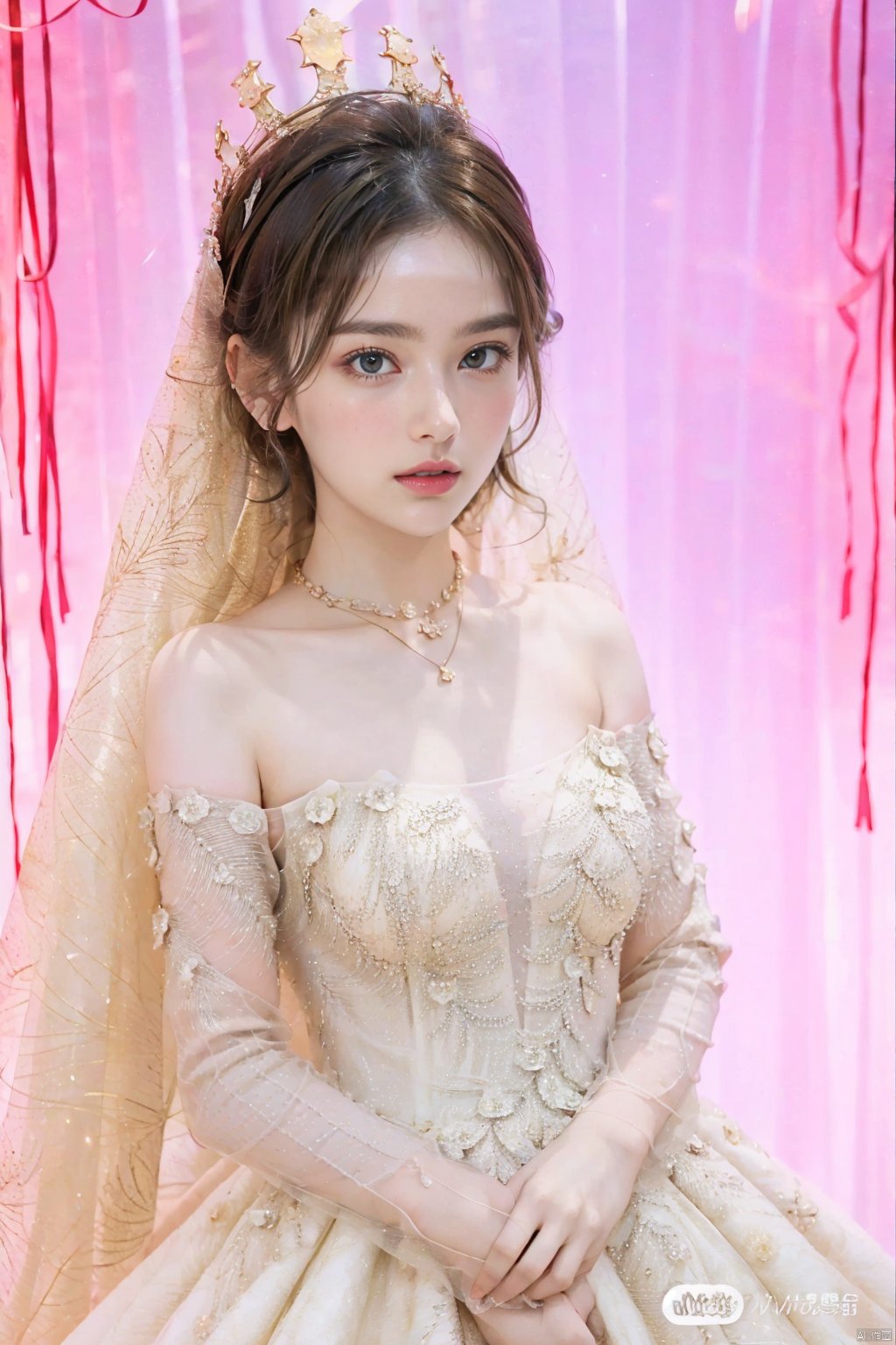  Ultra-clear 8k, real, night, smile, crown, necklace, perspective, hanger, wedding studio, nudity, diamonds, lots of dresses around, jy, bridal veil, Golden wedding dress, 1 girl, Asian girl