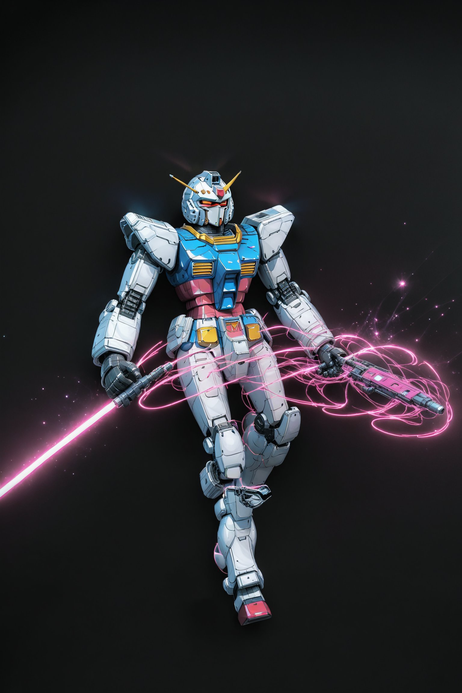 Hyper realistic, closeup, Gundam flying through space, realistic matte and glossy metal textures, background of black swirling night's sky with stars planets and galaxies, beam.sword, shield,vaporwave aesthetic,purple cyan magenta,digital artwork by Beksinski