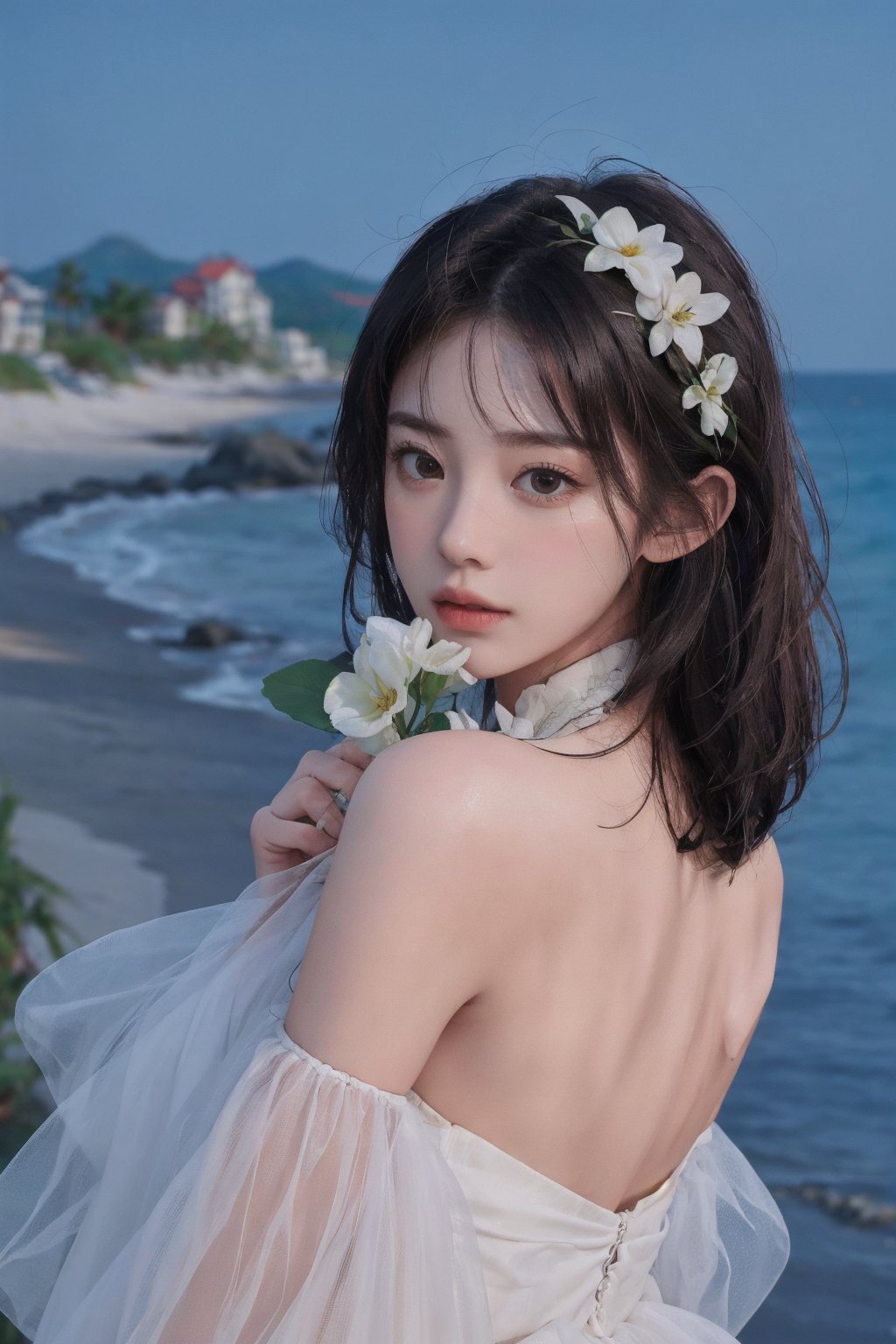 8k, best quality, masterpiece, realistic, high detail, photo realistic, Increase quality, beach, flower, dress, look at viewer, soft expression,