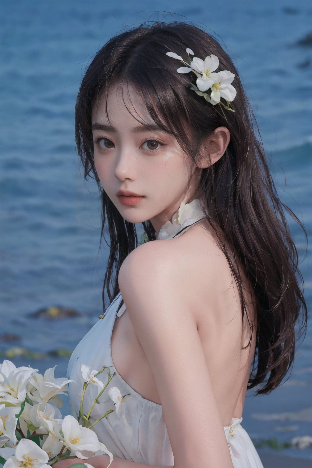 8k, best quality, masterpiece, realistic, high detail, photo realistic, Increase quality, beach, flower, dress, look at viewer, soft expression,