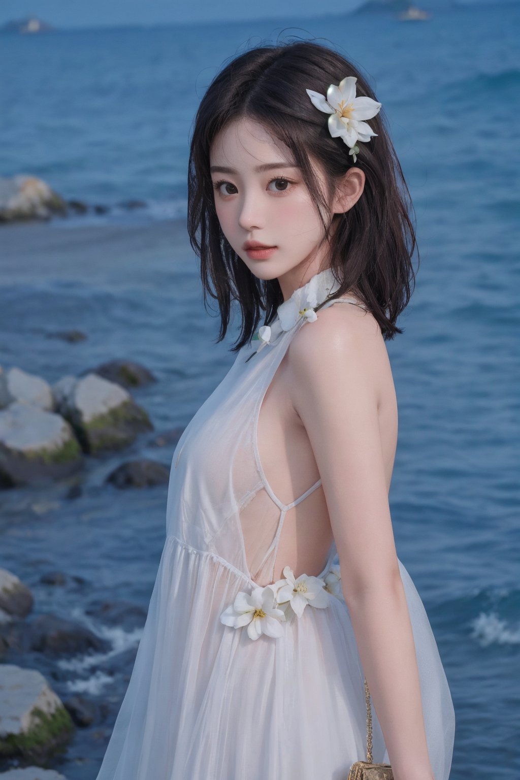 8k, best quality, masterpiece, realistic, high detail, photo realistic, Increase quality, beach, flower, dress, look at viewer, soft expression, wide shoot