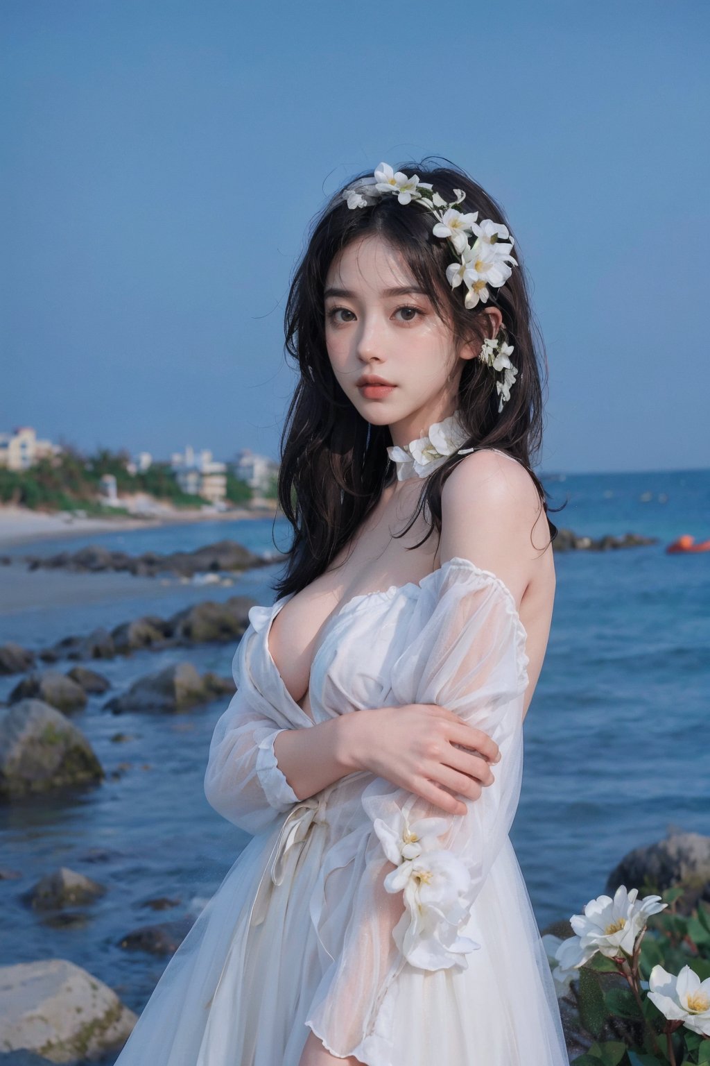 8k, best quality, masterpiece, realistic, high detail, photo realistic, Increase quality, beach, flower, dress, look at viewer, soft expression, breast