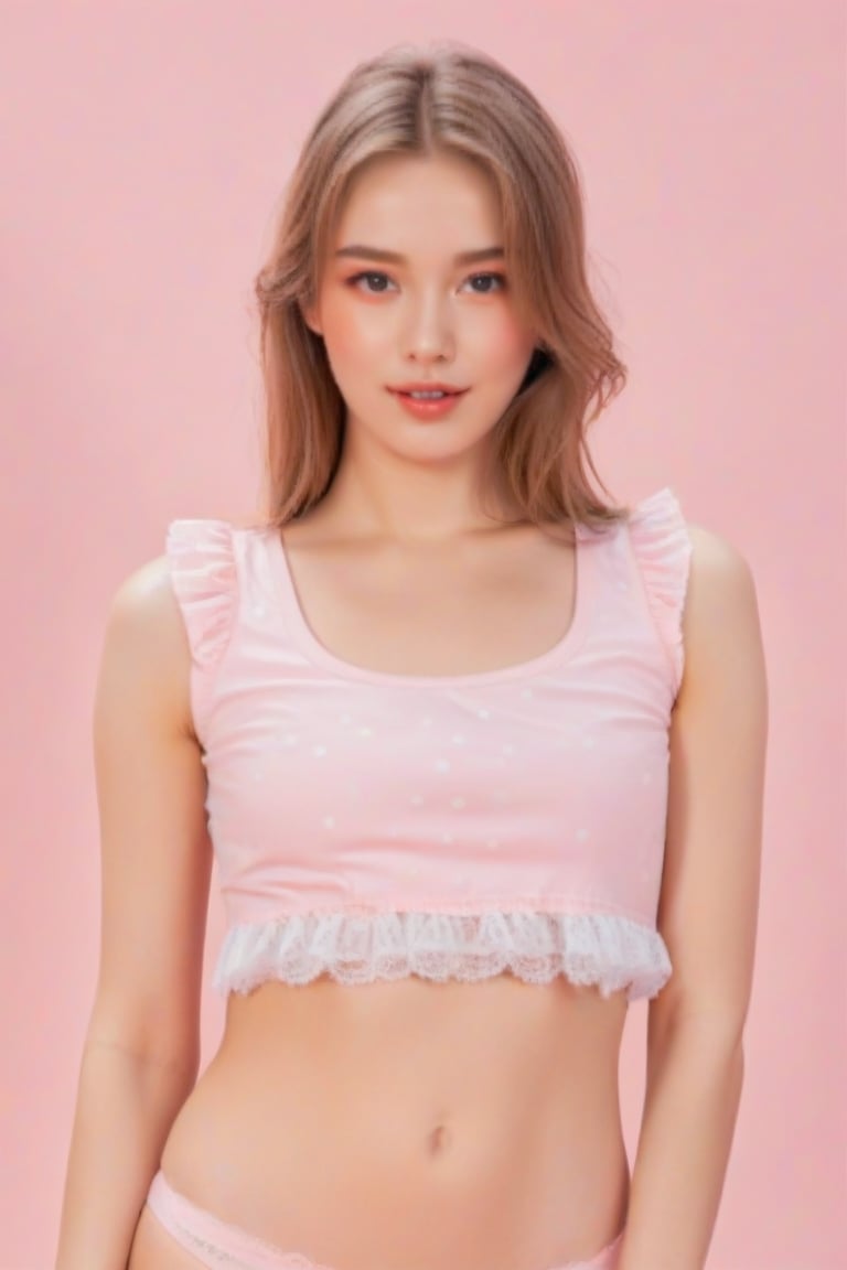 full_body, European, woman, pretty face, ((byz)), t-shirt , panties,  cowboy shot, perfect face in focus, (wide shoulders), looking_at_viewer, navel, midriff, (makeup), mascara, ((kawaii)), skin pores, bright lighting, poor contrast, good quality, good aesthetic, good blur, good noise, 8k,cameltoe,byz