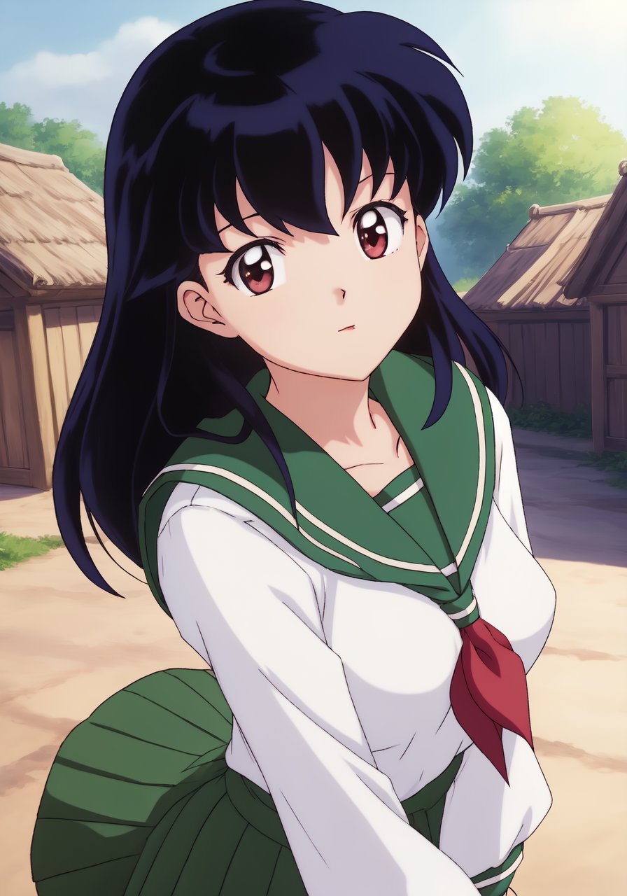 1girl, Kagome Higurashi, brown eyes, full body, photorealistic, (hyperrealistic:1.2), perfect eyes, perfect face, perfect lighting, outdoors, warm colors, village, school uniform, night time, winking, bending over,