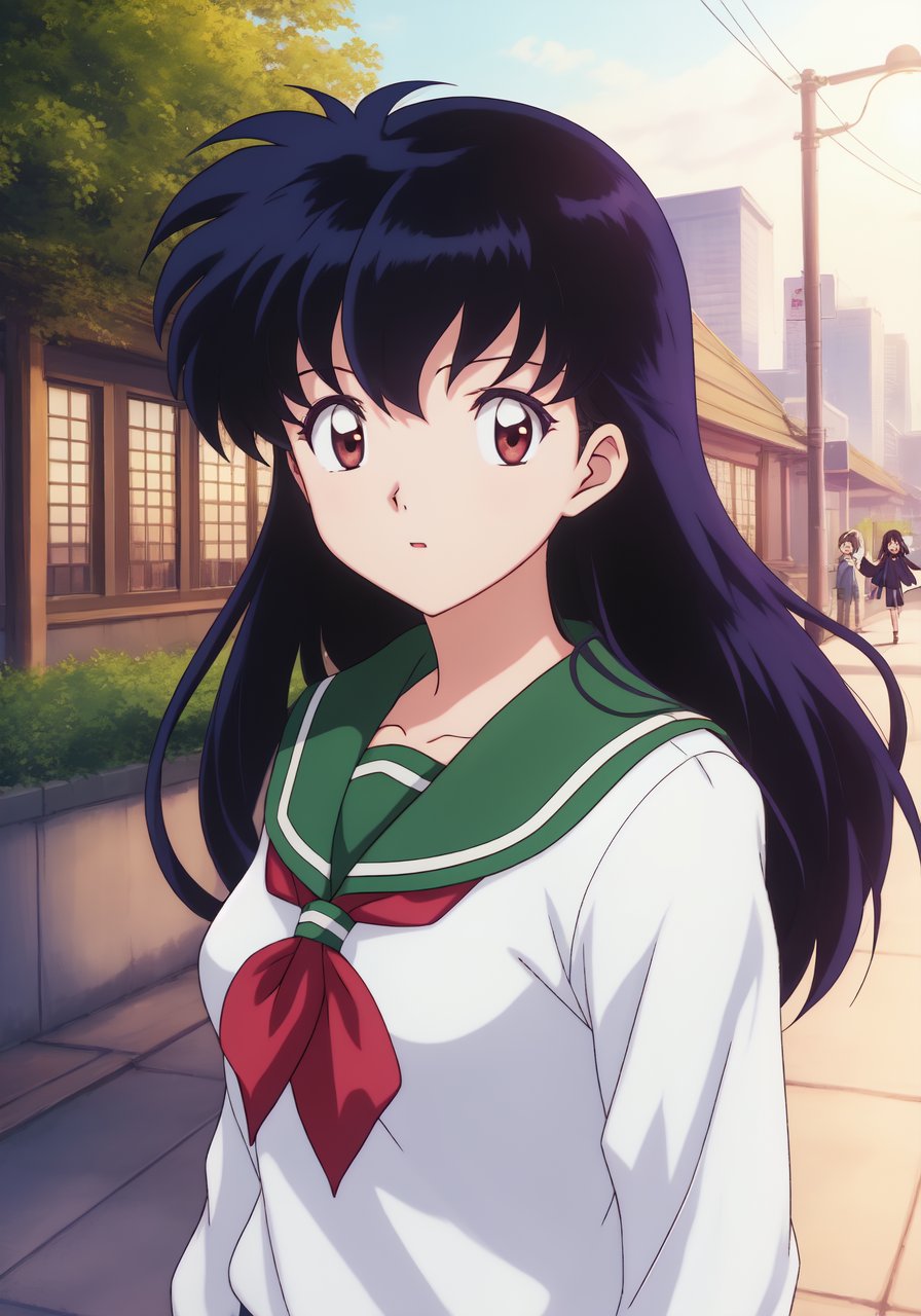 1girl, Kagome Higurashi, brown eyes, full body, photorealistic, (hyperrealistic:1.2), perfect eyes, perfect face, perfect lighting, outdoors, warm colors, city, school uniform, happy, night time, walking,