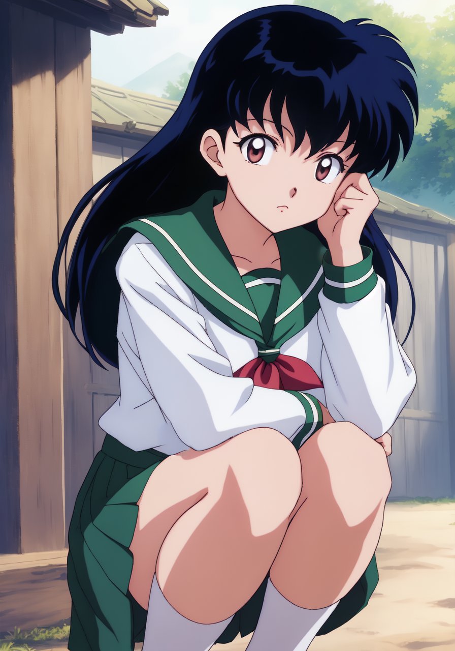 1girl, Kagome Higurashi, brown eyes, full body, photorealistic, (hyperrealistic:1.2), perfect eyes, perfect face, perfect lighting, outdoors, warm colors, village, school uniform, night time, scared, on knees,