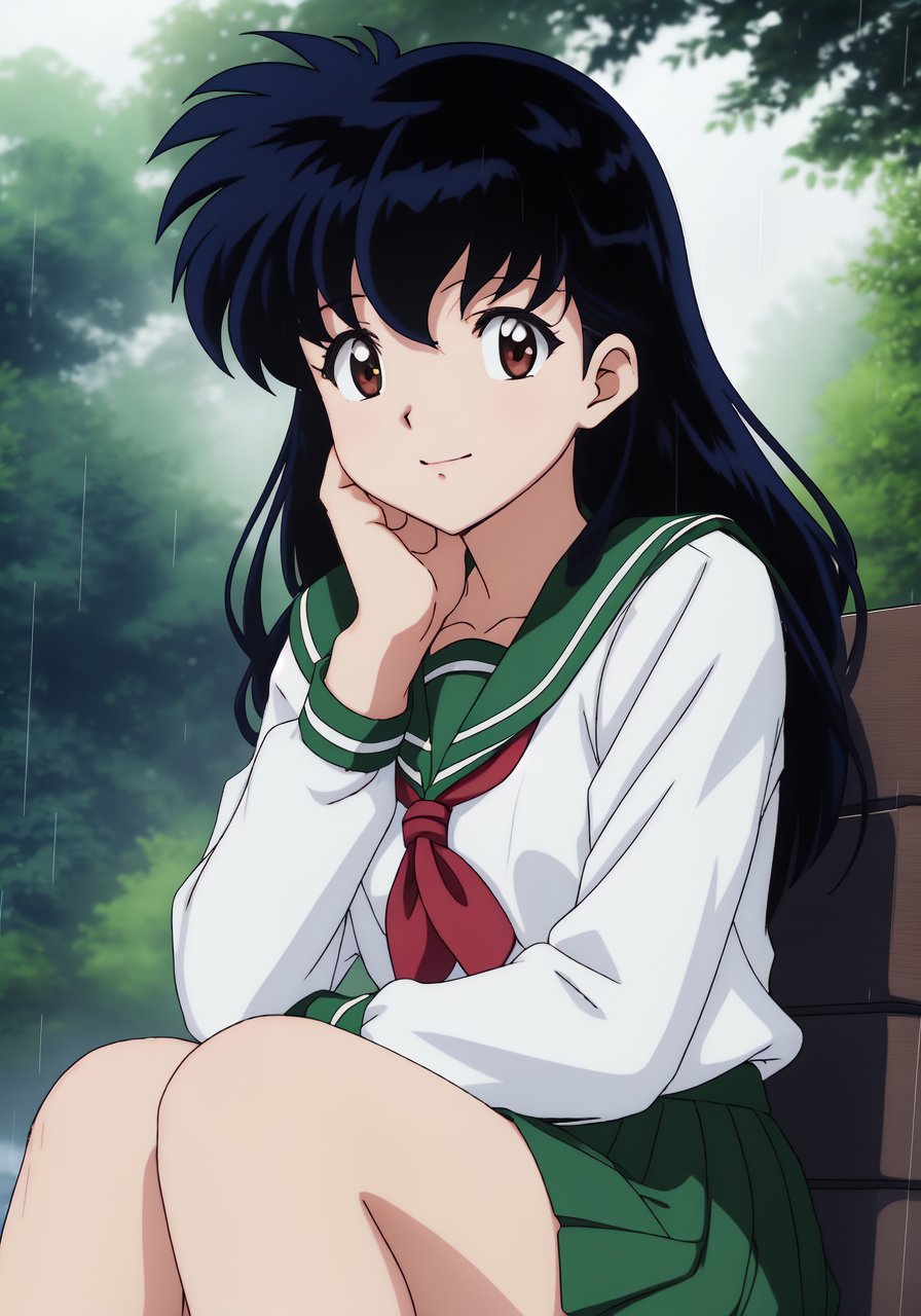 1girl, Kagome Higurashi, brown eyes, full body, photorealistic, (hyperrealistic:1.2), perfect eyes, perfect face, perfect lighting, outdoors, warm colors, forest lake, school uniform, happy, night time, sitting down, wet clothes, heavy rain