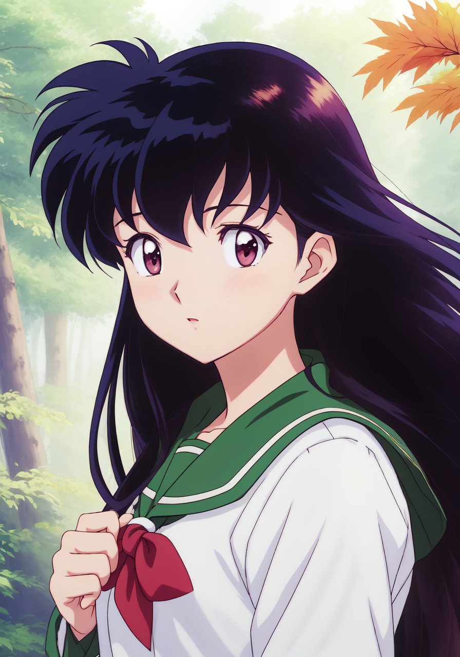 1girl, Kagome Higurashi, brown eyes, full body, photorealistic, (hyperrealistic:1.2), perfect eyes, perfect face, perfect lighting, outdoors, warm colors, forest, school uniform, blush, holding bow, falling leaves