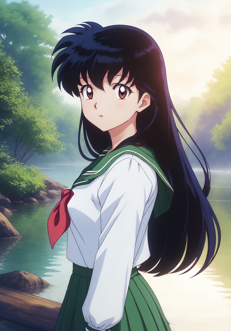 1girl, Kagome Higurashi, brown eyes, full body, photorealistic, (hyperrealistic:1.2), perfect eyes, perfect face, perfect lighting, outdoors, warm colors, forest lake, school uniform, in water, night time,