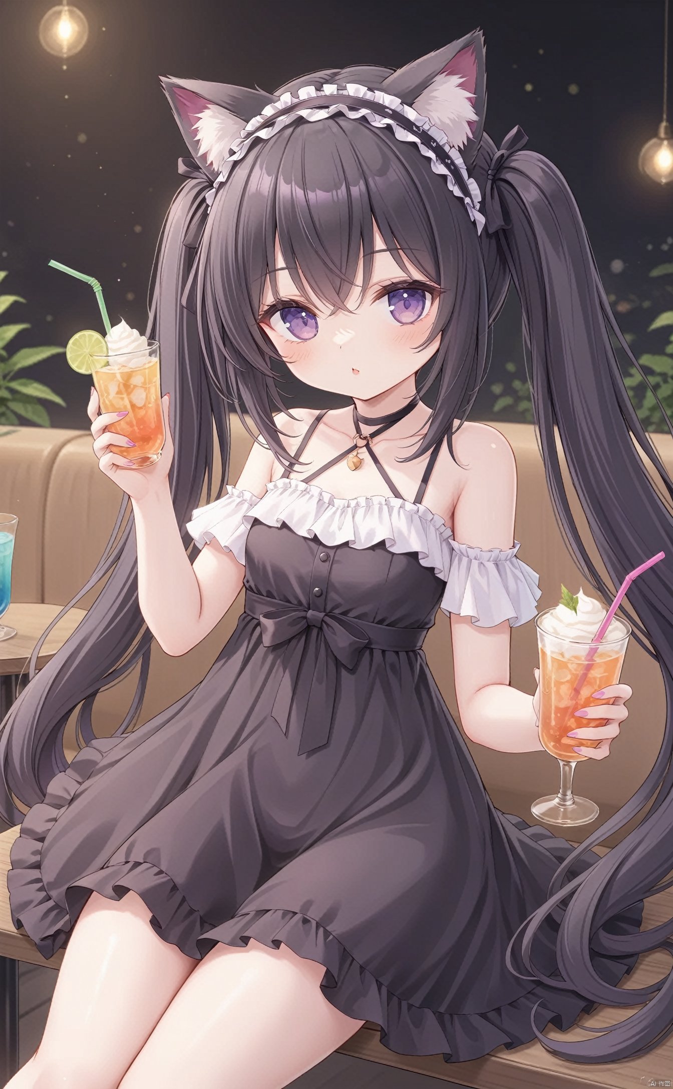 very long hair,twintails,grossissementdedeuxcentsoixantepourcent,grossissementdedeuxcentsoixantepourcent,grossissementdedeuxcentsoixantepourcent,grossissementdedeuxcentsoixantepourcent,grossissementdedeuxcentsoixantepourcent,grossissementdedeuxcentsoixantepourcent,grossissementdedeuxcentsoixantepourcent,grossissementdedeuxcentsoixantepourcent,1girl,animal_ears,solo,long_hair,cat_ears,drinking_straw,dress,purple_eyes,black_hair,looking_at_viewer,cup,hairband,drinking_glass,