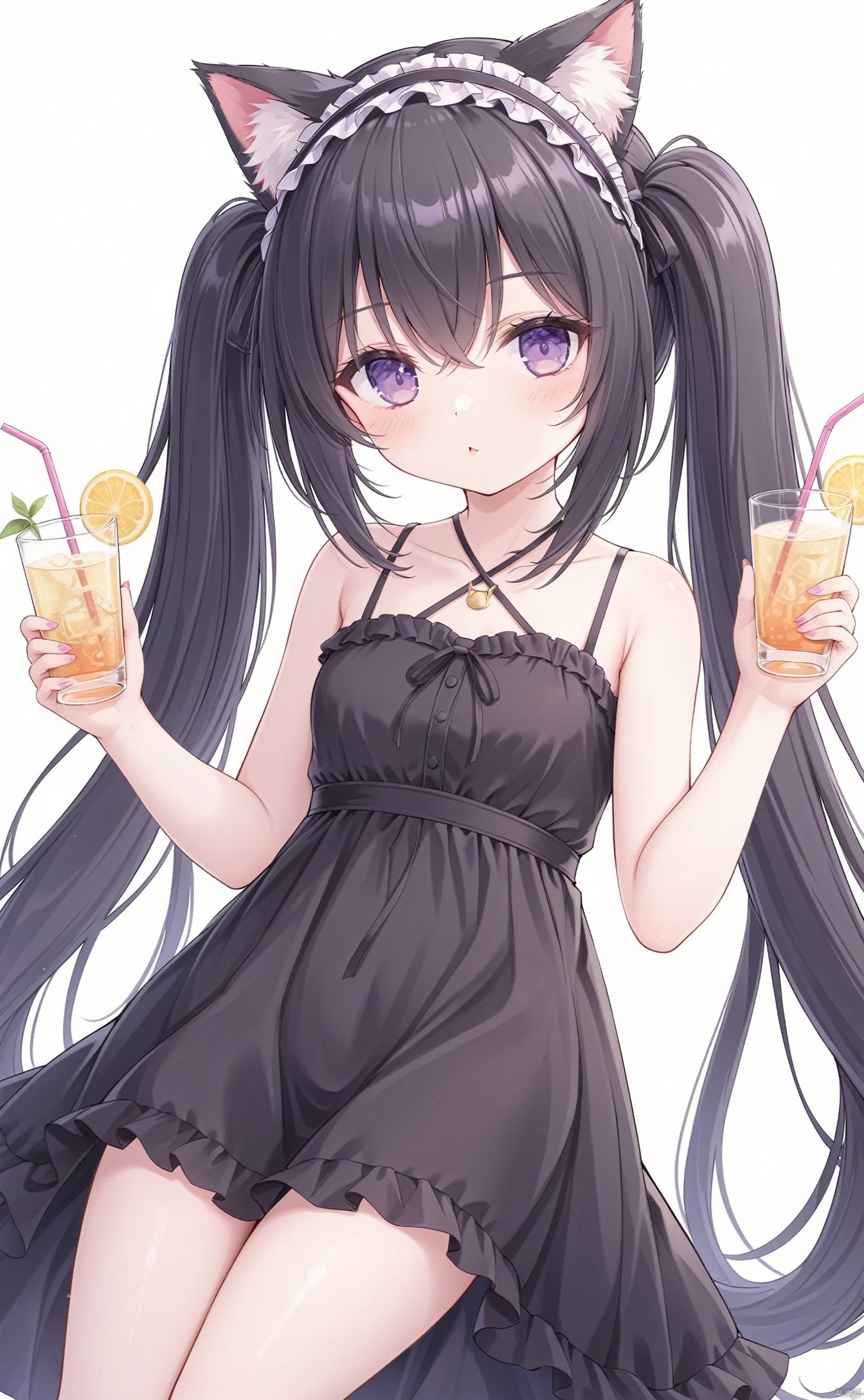 very long hair,twintails,grossissementdedeuxcentsoixantepourcent,grossissementdedeuxcentsoixantepourcent,grossissementdedeuxcentsoixantepourcent,grossissementdedeuxcentsoixantepourcent,grossissementdedeuxcentsoixantepourcent,grossissementdedeuxcentsoixantepourcent,grossissementdedeuxcentsoixantepourcent,grossissementdedeuxcentsoixantepourcent,1girl,animal_ears,solo,long_hair,cat_ears,drinking_straw,dress,purple_eyes,black_hair,looking_at_viewer,cup,hairband,drinking_glass,