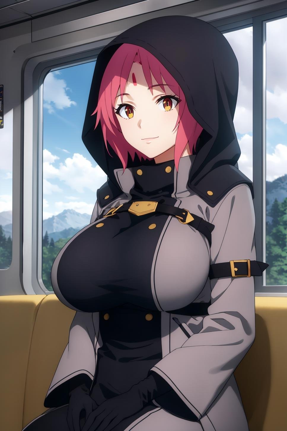 ((best quality)),((highly detailed)),masterpiece,absurdres,detailed face,beautiful face,(detailed eyes, deep eyes),1girl,((dynamic pose))  <lora:WolbachV1:0.7>Wolbach, multicolored eyes, breasts, solo, large breasts, hood, pink hair, gloves, sky, sitting, black gloves, short hair, cloud, wide sleeves, long sleeves, blue sky, looking to the side, window, day, smile, closed mouth, train interior, facial mark, forehead mark, looking away, indoors, mountain, bangs, coat, forehead jewel, parted bangs, belt, buttons, blurry, hood up, cloudy sky, cloak, dress, blurry background, v arms, hands on lap, outdoors