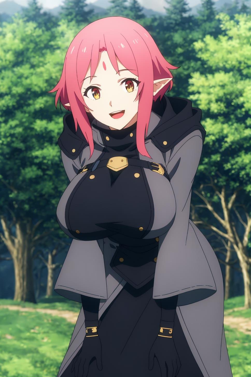 ((best quality)),((highly detailed)),masterpiece,absurdres,detailed face,beautiful face,(detailed eyes, deep eyes),1girl,((dynamic pose))  <lora:WolbachV1:0.7>Wolbach, pink hair, pointy ears, breasts, solo, large breasts, smile, open mouth, outdoors, short hair, gloves, looking at viewer, leaning forward, black gloves, red eyes, :d, hood, elf, long sleeves, tree, facial mark, multicolored eyes, coat, standing, skirt, forehead mark, blurry background, hood down, buttons, nature, cloak, freckles, sidelocks, black dress, forehead jewel, blurry, black coat, 