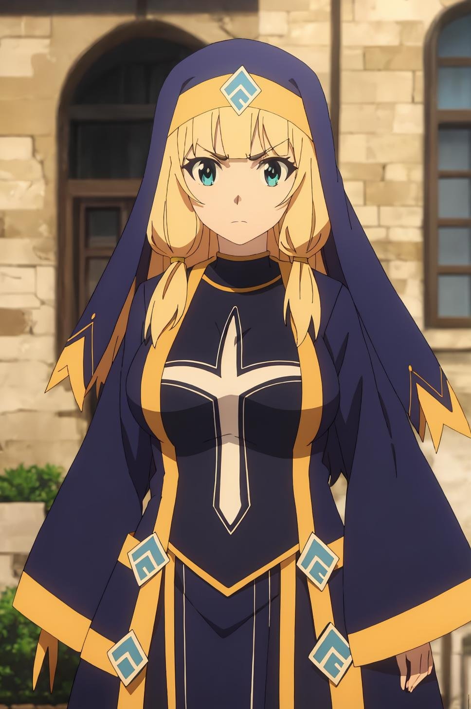 ((best quality)),((highly detailed)),masterpiece,absurdres,detailed face,beautiful face,(detailed eyes, deep eyes),1girl,((dynamic pose)) <lora:CecilyV1:0.8>Cecily, blue eyes, solo, blonde hair, habit, long hair, bangs, nun, breasts, dress, indoors, long sleeves, blunt bangs, closed mouth, blurry background, frown, standing, blurry, sidelocks, twintails, blue dress, arms at sides, veil, cowboy shot, hair tie, medium breasts, church, wide sleeves, black dress, large breasts, looking at viewer, low twintails, robe, window, looking to the side, serious, hair tubes