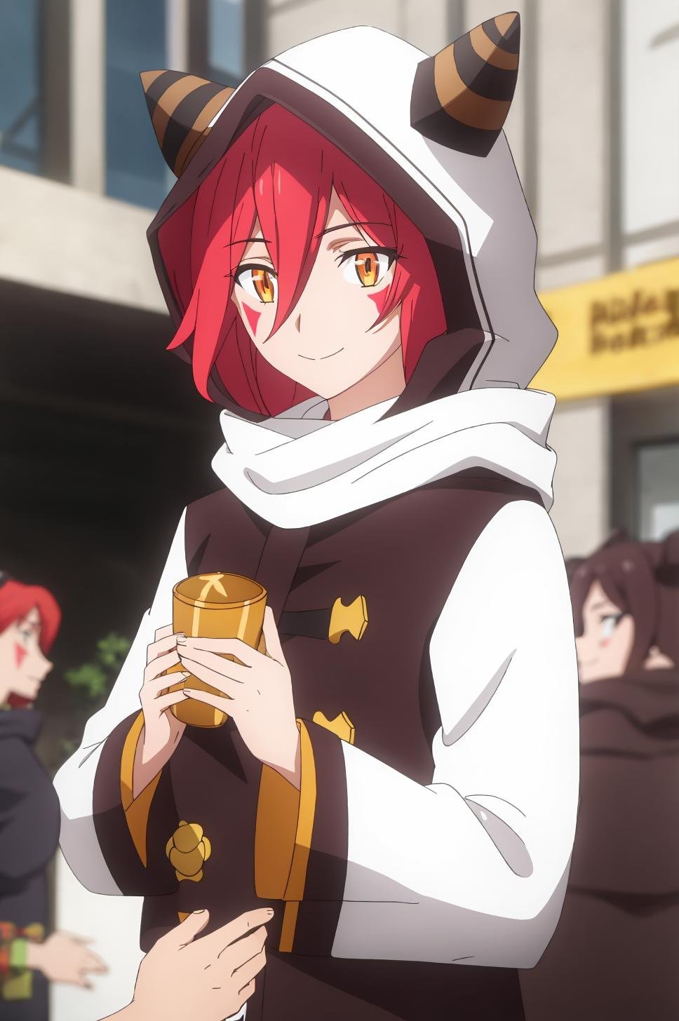 ((best quality)),((highly detailed)),masterpiece,absurdres,detailed face,beautiful face,(detailed eyes, deep eyes),1girl,((dynamic pose))  <lora:ArnesV1:0.7>Arnes, red hair, hood, smile, blurry, red eyes, blurry background, facial mark, hair between eyes, solo focus, holding, short hair, upper body, long sleeves, vest, closed mouth, hoodie, hood up, long hair, depth of field, horns, bangs, animal hood, cosplay, facial tattoo, jacket