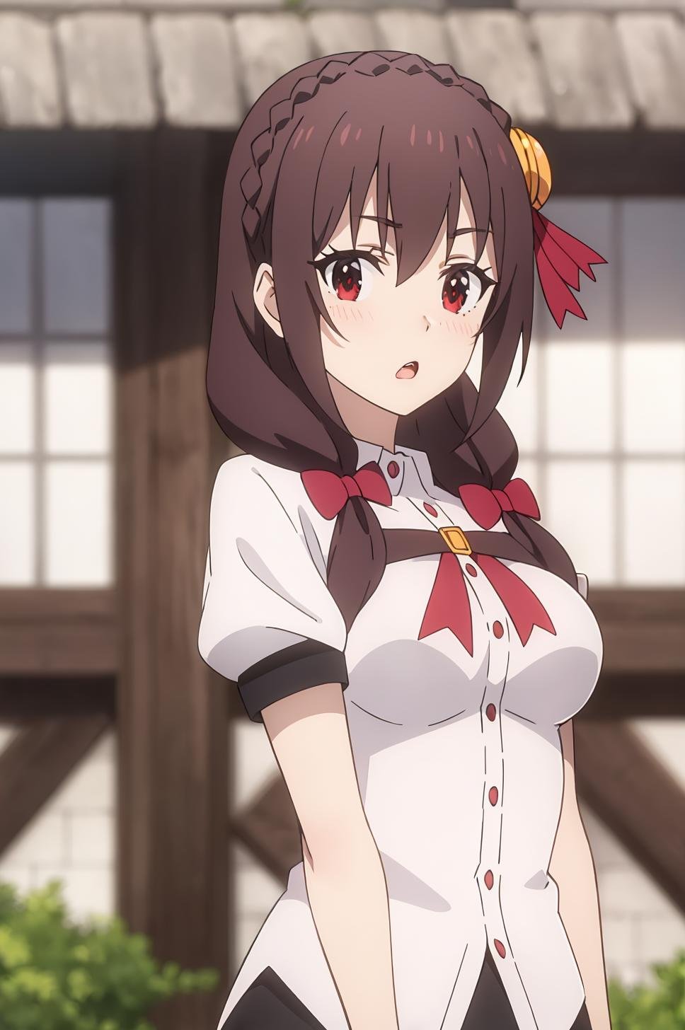 ((best quality)),((highly detailed)),masterpiece,absurdres,detailed face,beautiful face,(detailed eyes, deep eyes),1girl,((dynamic pose))  <lora:YunYunV1:0.8>Yunyun, solo, brown hair, red eyes, shirt, braid, outdoors, crown braid, breasts, open mouth, hair ornament, white shirt, bangs, blush, bow, hair bow, long hair, looking at viewer, red bow, cowboy shot, short sleeves, twintails, hair between eyes, standing, ribbon, medium hair, medium breasts, red ribbon, low twintails, hair ribbon, large breasts, day, blurry background, :o, french braid, looking to the side, blurry