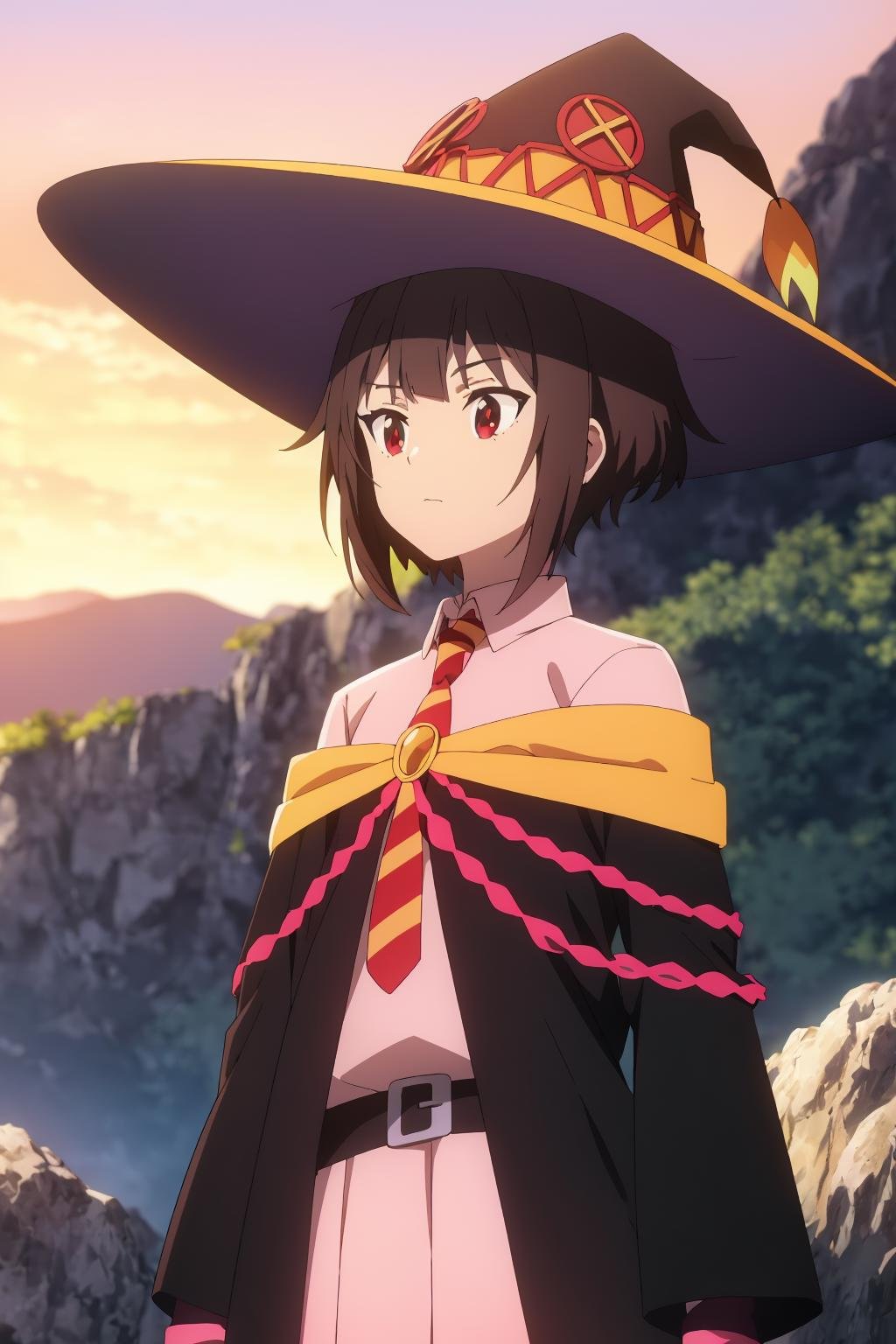 ((best quality)),((highly detailed)),masterpiece,absurdres,detailed face,beautiful face,(detailed eyes, deep eyes),1girl,((dynamic pose))  <lora:MeguminV1:0.8>Megumin, brown hair, hat, solo, witch hat, red eyes, short hair, necktie, outdoors, dress, looking to the side, looking away, cape, black headwear, belt, shirt, blurry, long sleeves, bangs, closed mouth, pink skirt, blurry background, red necktie, skirt, pink dress, sunset, cowboy shot, frown, off shoulder, staff, fingerless gloves, standing, bag, black cape, gloves, short hair with long locks, sky, collared shirt, rock, mountain