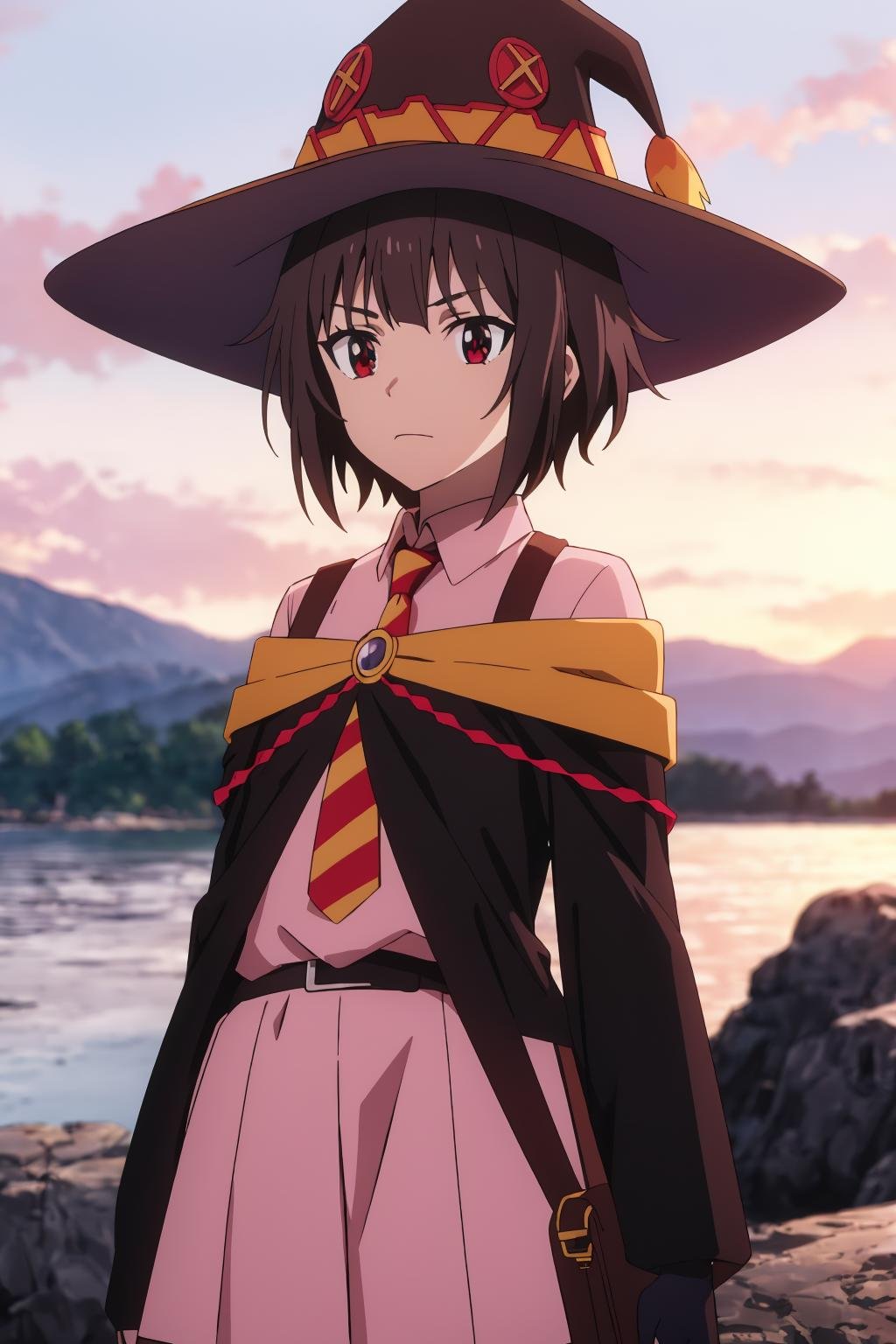 ((best quality)),((highly detailed)),masterpiece,absurdres,detailed face,beautiful face,(detailed eyes, deep eyes),1girl,((dynamic pose))  <lora:MeguminV1:0.8>Megumin, brown hair, hat, solo, witch hat, red eyes, short hair, necktie, outdoors, dress, looking to the side, looking away, cape, black headwear, belt, shirt, blurry, long sleeves, bangs, closed mouth, pink skirt, blurry background, red necktie, skirt, pink dress, sunset, cowboy shot, frown, off shoulder, staff, fingerless gloves, standing, bag, black cape, gloves, short hair with long locks, sky, collared shirt, rock, mountain