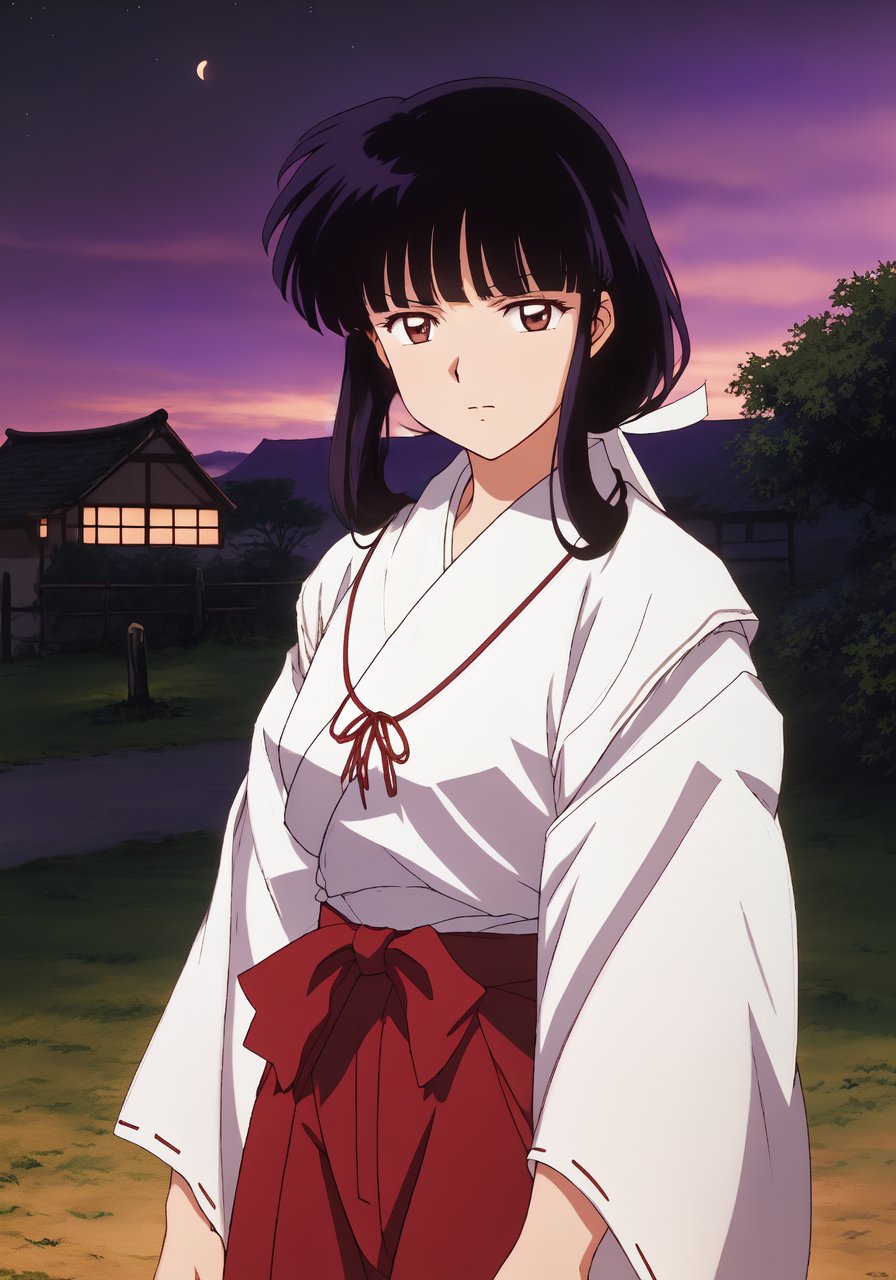 Kikyo, (((brown eyes))), red and white kimono, cowboy shot, full body, photorealistic, (hyperrealistic:1.2), perfect eyes, perfect face, perfect lighting, outdoors, warm colors, dark purple sky, smug, windy, village at night, 