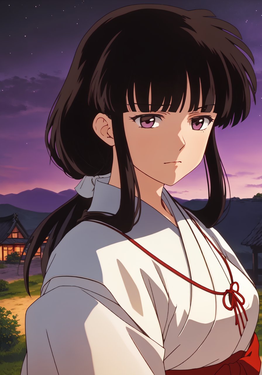 Kikyo, (((brown eyes))), black hair, red and white kimono, cowboy shot, full body, photorealistic, (hyperrealistic:1.2), perfect eyes, perfect face, perfect lighting, outdoors, warm colors, dark purple sky, smug, windy, village at night, 