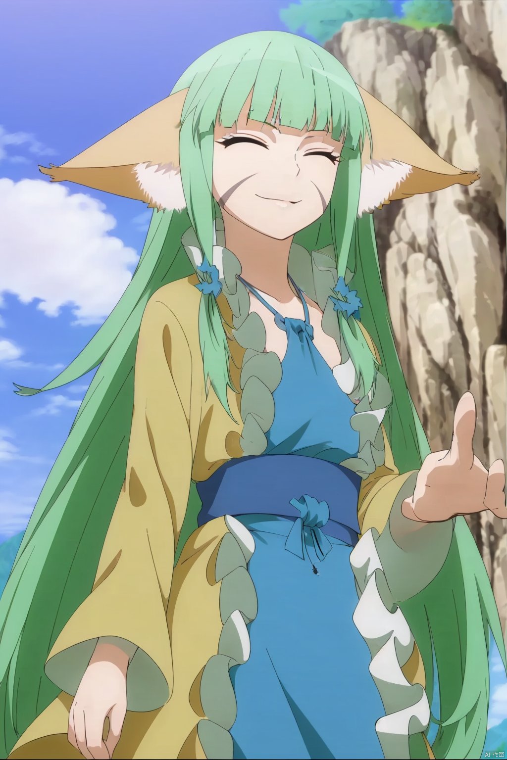 1girl, solo, long hair, smile, dress, animal ears, standing, closed eyes, outdoors, green hair, sky, day, cloud, sleeves past wrists, sash, ^ ^, mountain