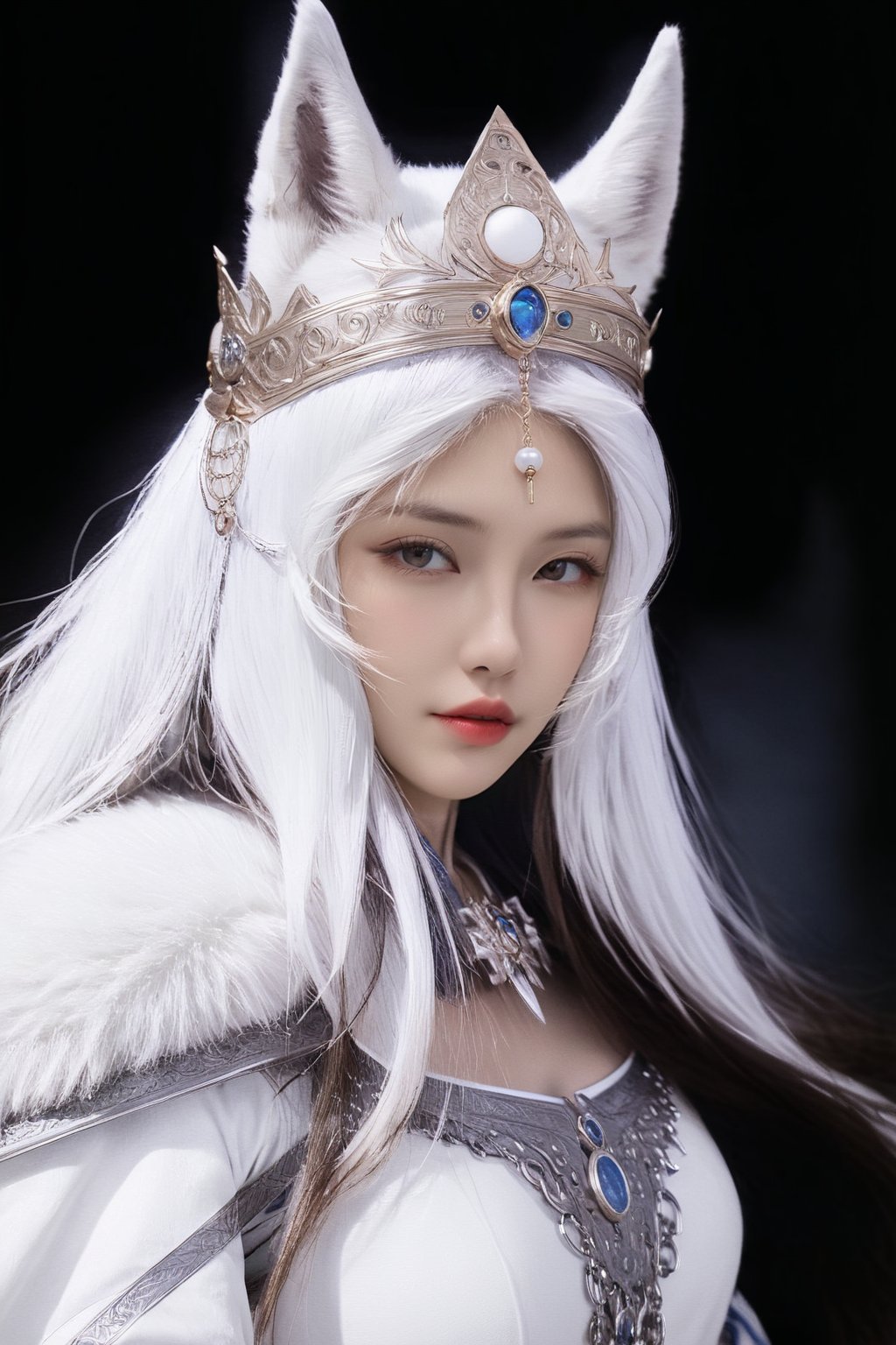 (ultra realistic,best quality),photorealistic,Extremely Realistic, in depth, cinematic light,hubggirl, beauty face,

HUBG_Mecha_Armor, official art, full body, (Extremely beautiful hubggirl, crown (headgear):1.5), Wolf_girl, Moon.solo, hanfu, Majestic. Solemn, white wolf's head at the shoulders, wolf's ears, (white medieval byzantine theme), cowboy shot, (alive skin),

intricate background, realism,realistic,raw,analog,portrait,photorealistic,