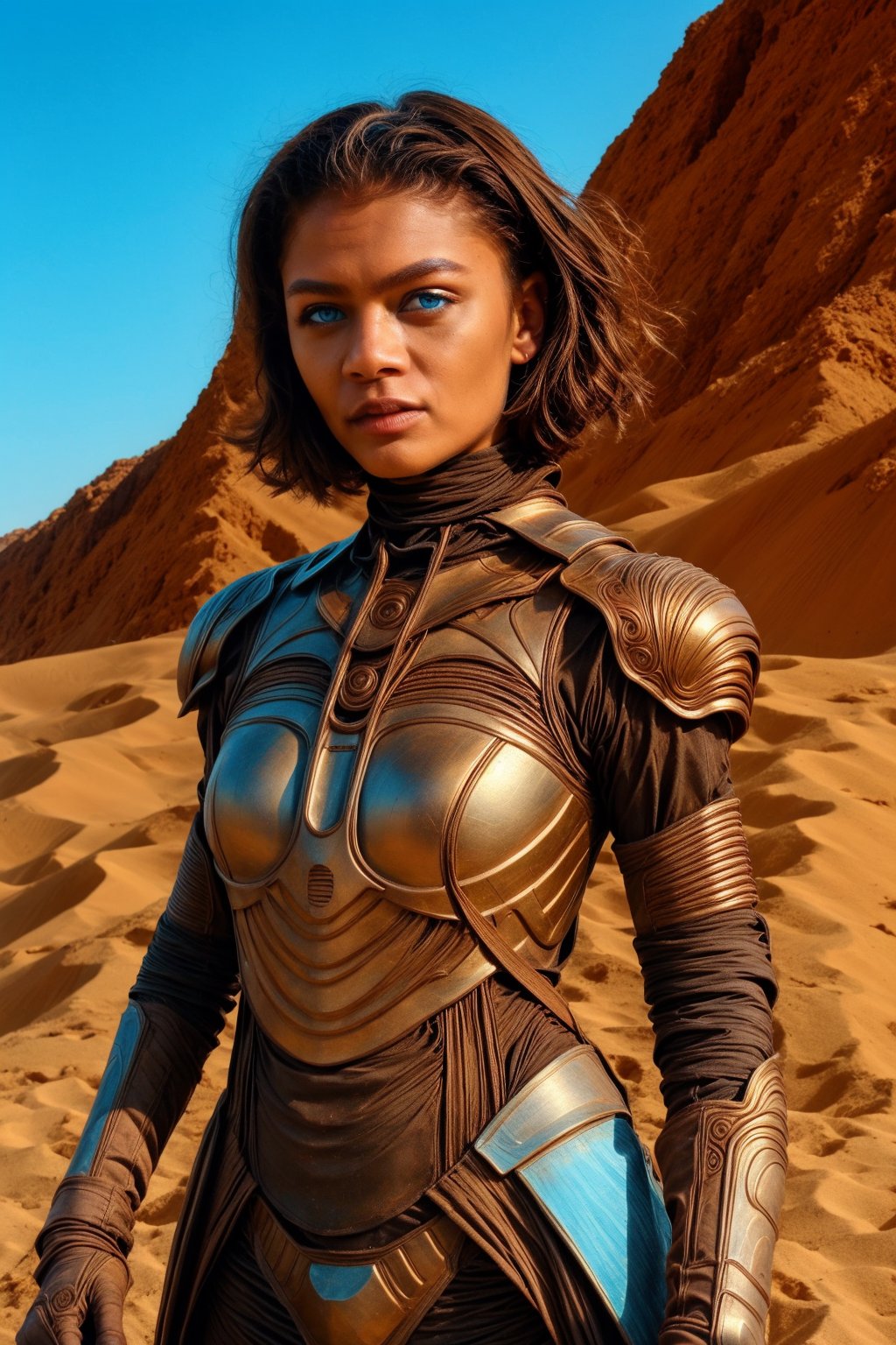 masterpiece, best quality, expressive eyes, intricate dune desert costume, brown skin, armor, short hair, blue eyes, female, girl, blond_hair ,stillsuit