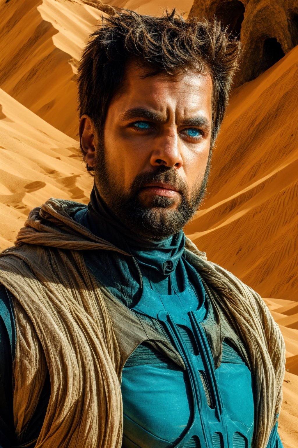 masterpiece, best quality, expressive eyes, intricate dune desert costume, white skin,short hair, blue eyes, beard, male,stillsuit