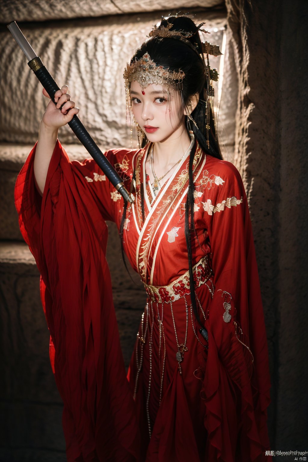 1girl, weapon, solo, sword, long hair, black hair, jewelry, chinese clothes, dress, red dress, holding, holding weapon, hair ornament, looking at viewer, necklace, hanfu,