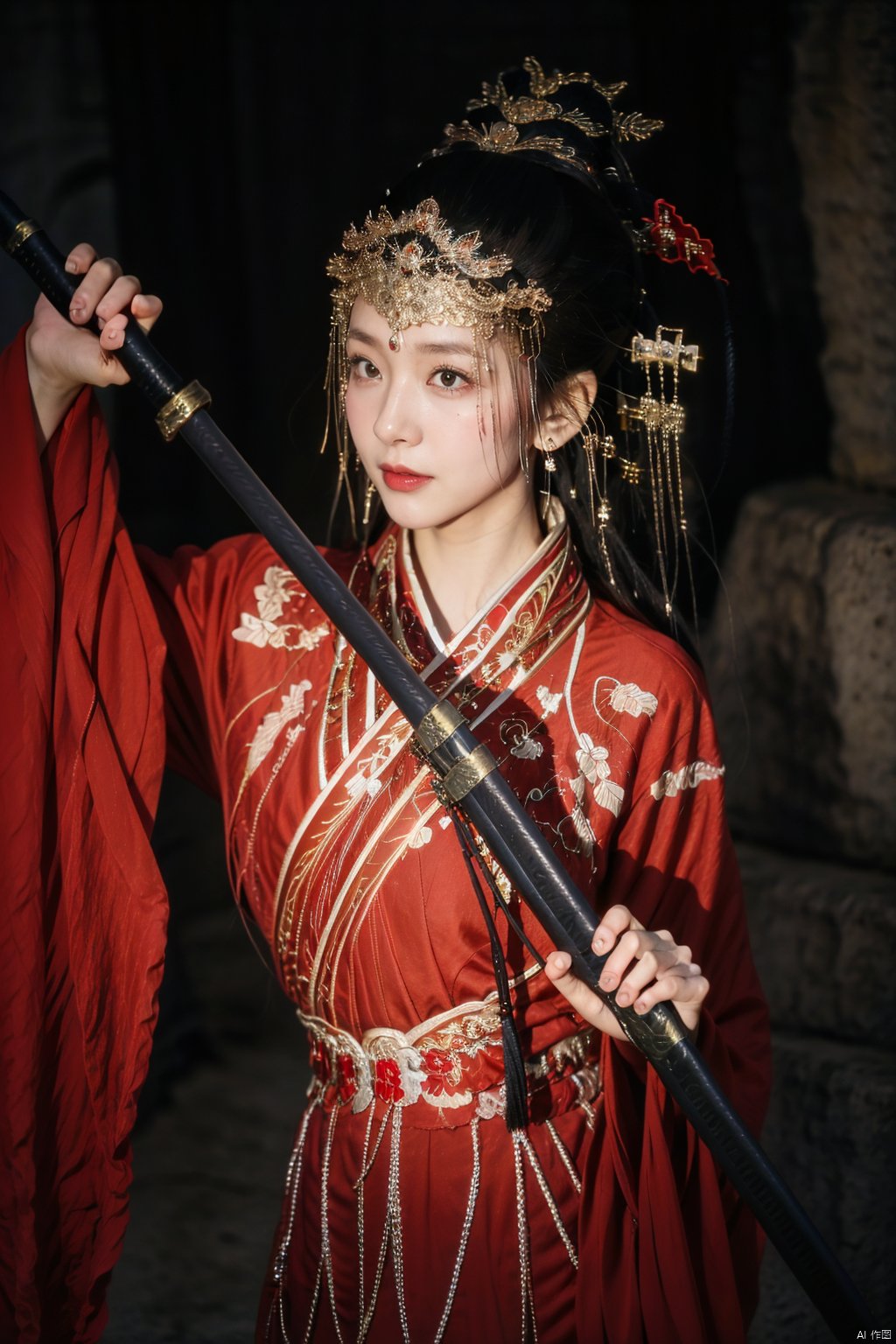 1girl, weapon, solo, sword, holding, holding weapon, black hair, dress, hair ornament, sheath, red dress, ponytail, chinese clothes, holding sword, long hair, upper body, jewelry, hanfu,