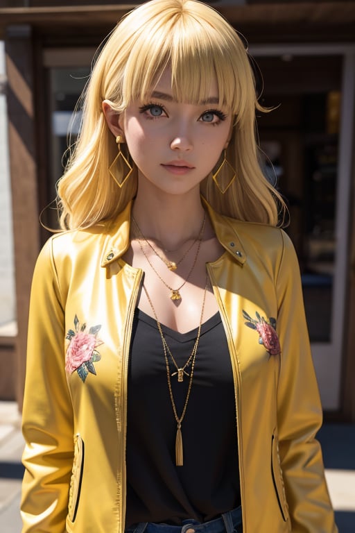 anime girl, 1girl, cute, bangs, blonde_hair, cowboy_shot, earrings, floral_print, jacket, jewelry, looking_at_viewer, necklace, shirt, Long_hair, shorts, solo, yellow_jacket, yellow_shirt, detail eyes, fantasy model, realistic, sharp details, intricate details, ultra-realistic,digitally enhanced,3d reference , 8k resolution, unapologetic grit, overexposure,sharp focus , UHD, 8K