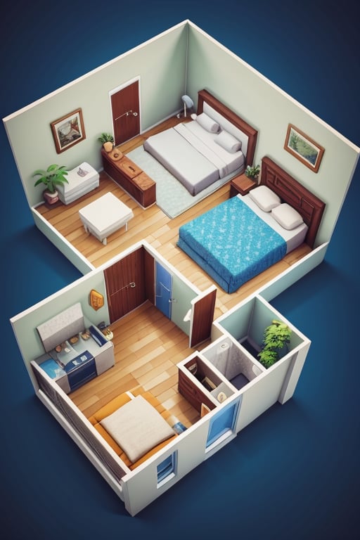 Isometric view of a bedroom like the sims, simlish, 3d model, cottagecore, sim, cozy, blueprint, game concept