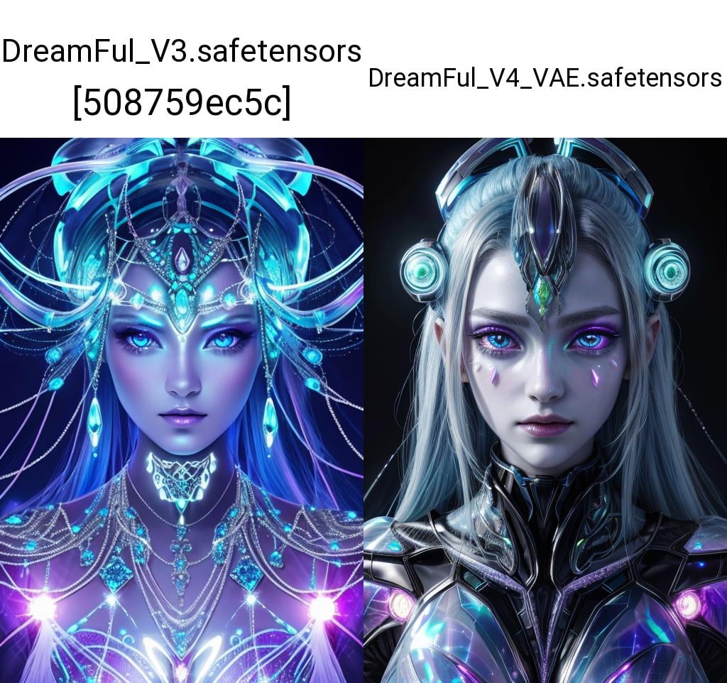 Hyper realistic portrait of an ethereal alien female with iridescent gem-like skin and beautiful facial features, intricate head dress with glowing circuitry patterns and large insectoid eyes, detailed eyes