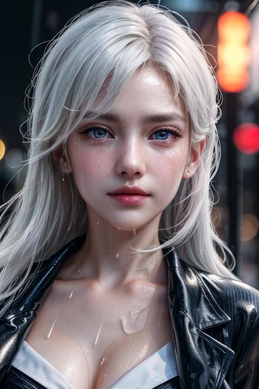 model shoot style, (extremely detailed CG unity 8k wallpaper:1.10), close up portrait photo of the most beautiful artwork in the world, (sailor uniform, wet clothes:1.10), (messing hair, hair wet, shiny skin, wet body:1.10), (rainy:1.2), street, neon street light, professional lighting, photon mapping, radiosity, physically-based rendering, cinematic lighting, intricate, High Detail, Sharp focus, dramatic, photorealistic, beautifully face, body perfect, beautiful background, bra, silk, good hands, detailed eyes, white hair, white