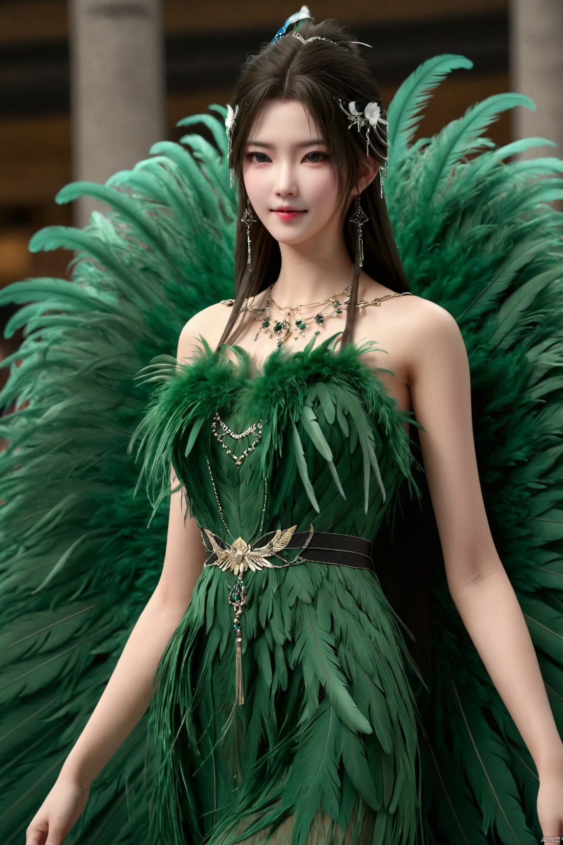  (Good structure),(realistic girl), DSLR Quality,Depth of field ,looking_at_viewer,Dynamic pose, 1girl,a gorgeous long dress made of feathers,green feather,huge feathers,complex background,beautiful background,(feathers everywhere:1.3),depth of field level,qingyi,kind smile,looking_at_viewer,Dynamic pose, qingyi