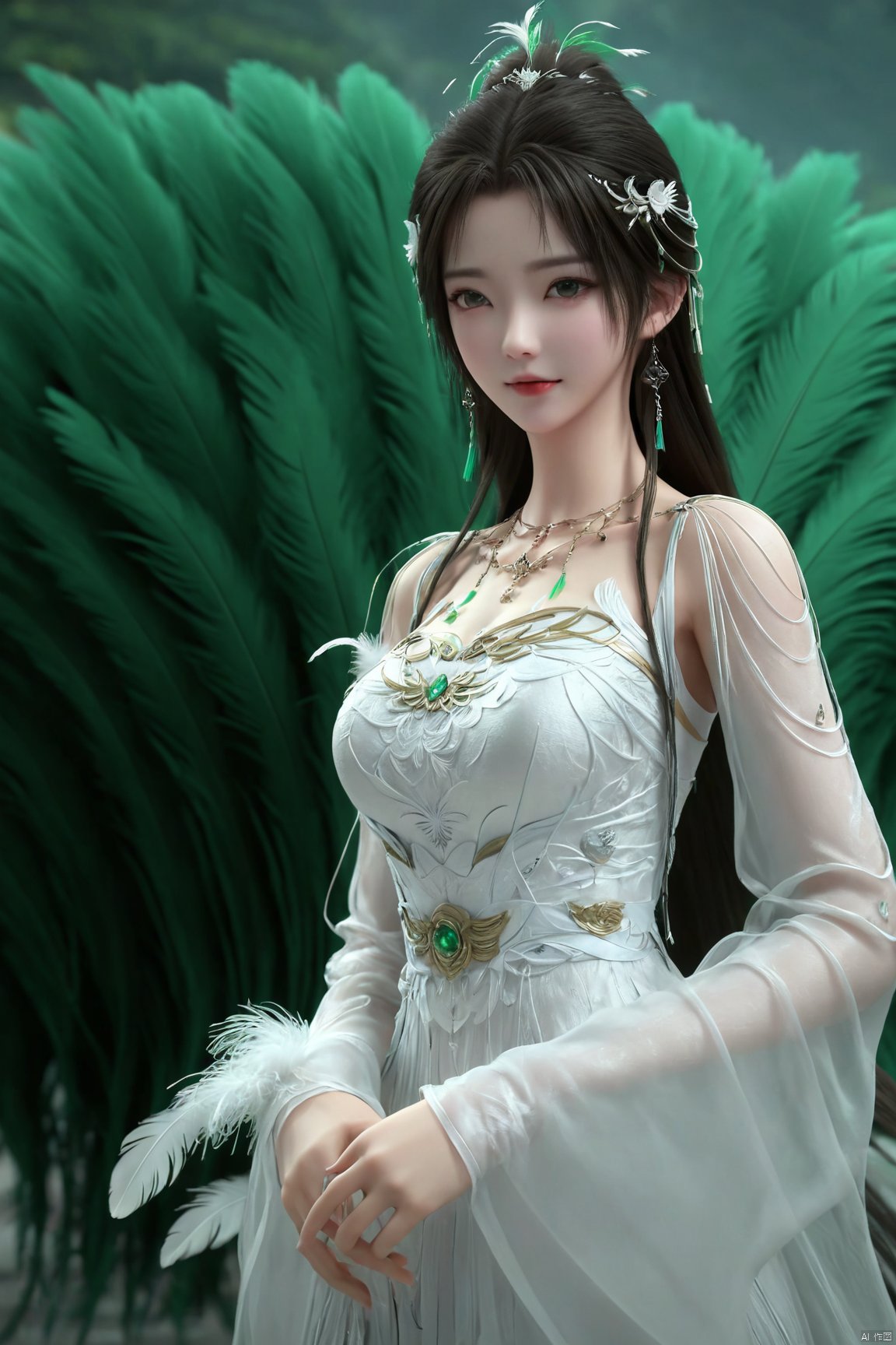  (Good structure),(realistic girl), DSLR Quality,Depth of field ,looking_at_viewer,Dynamic pose, 1girl,a gorgeous long dress made of feathers,green feather,huge feathers,complex background,beautiful background,(feathers everywhere:1.3),depth of field level,qingyi,kind smile,looking_at_viewer,Dynamic pose, qingyi