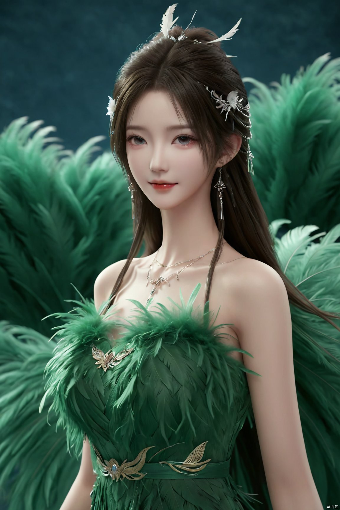  (Good structure),(realistic girl), DSLR Quality,Depth of field ,looking_at_viewer,Dynamic pose, 1girl,a gorgeous long dress made of feathers,green feather,huge feathers,complex background,beautiful background,(feathers everywhere:1.3),depth of field level,qingyi,kind smile,looking_at_viewer,Dynamic pose, qingyi