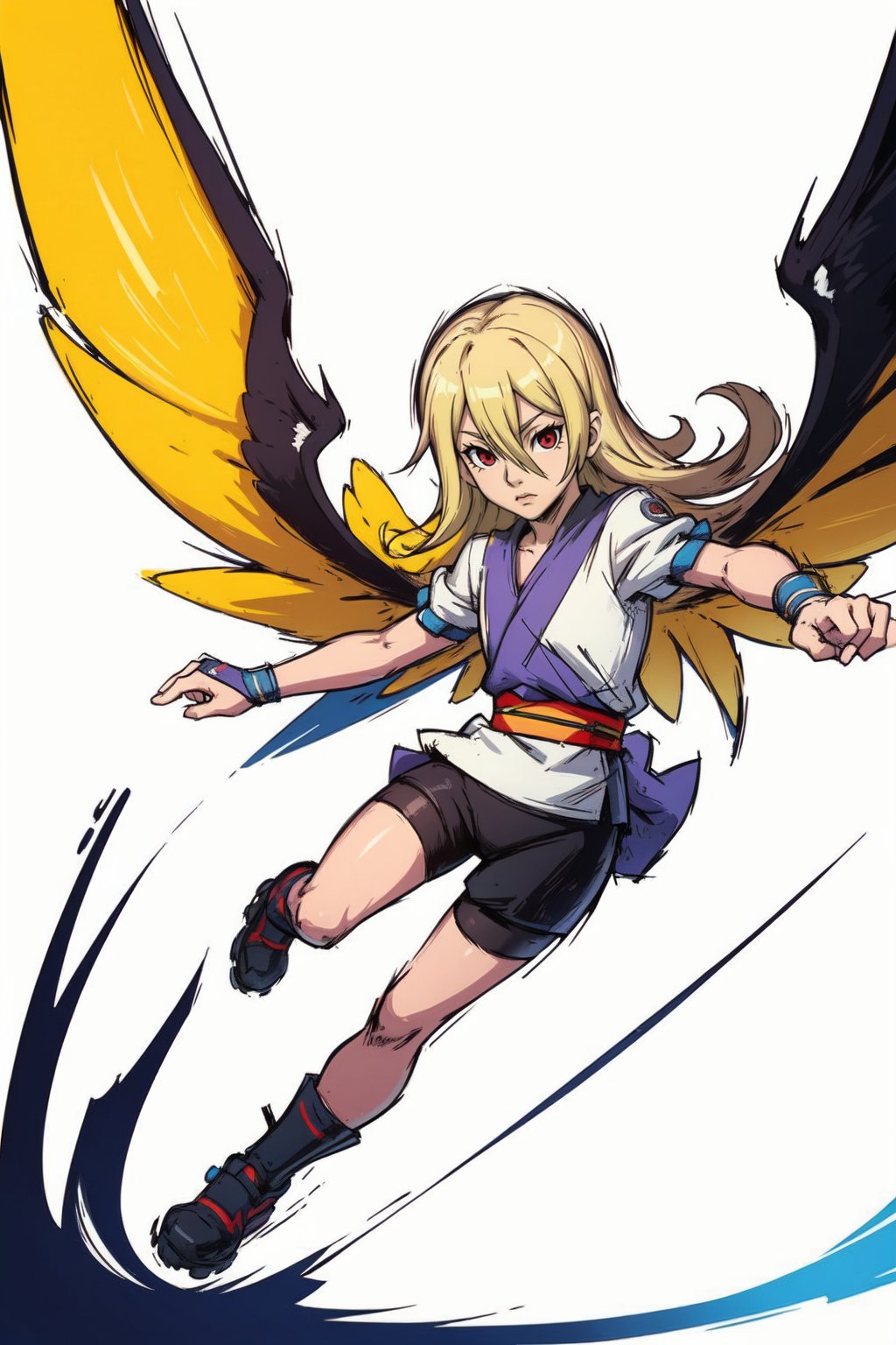 aphrodite, solo, long hair, blonde hair, male focus, androgynous, hair between eyes, red eyes, tunic, sash, biker shorts, abstract art, wings, white wings,stikers_style, abstract art, sketch, colorful