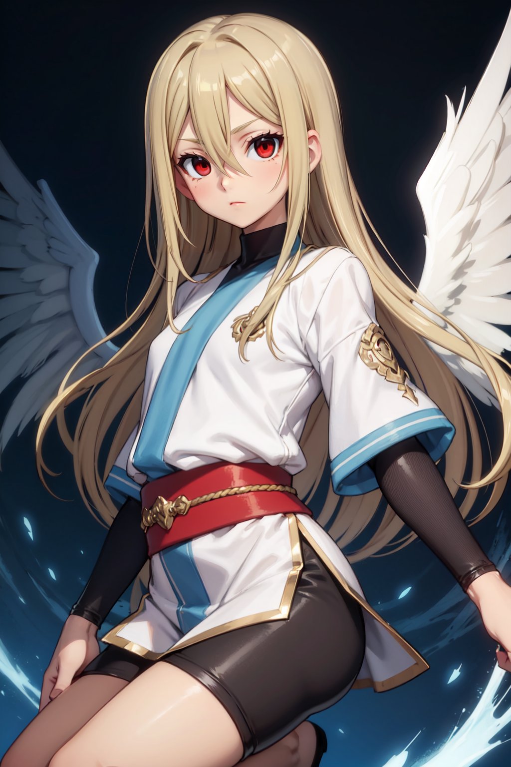aphrodite, solo, long hair, blonde hair, male focus, androgynous, hair between eyes, red eyes, tunic, sash, biker shorts, abstract art, wings, white wings