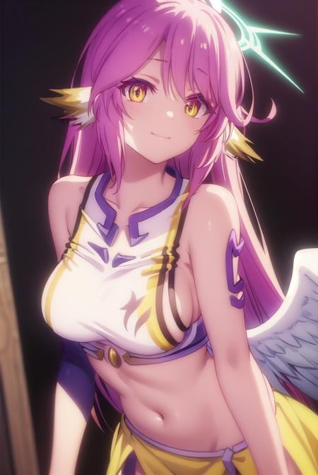 jibril, <lora:jibril s1-lora-nochekaiser:1>, BREAK jibril, angel, angel wings, animal ears, bird ears, compass rose halo, feathered wings, feathers, gradient hair, halo, long hair, low wings, multicolored hair, navel, pink hair, symbol-shaped pupils, tattoo, white wings, wing ears, wings, (yellow eyes:1.5), smile,BREAK asymmetrical legwear, crop top, cross, gloves, mismatched legwear, sideboob,BREAK indoors, library,BREAK looking at viewer, (cowboy shot:1.5),BREAK <lyco:GoodHands-beta2:1>, (masterpiece:1.2), best quality, high resolution, unity 8k wallpaper, (illustration:0.8), (beautiful detailed eyes:1.6), extremely detailed face, perfect lighting, extremely detailed CG, (perfect hands, perfect anatomy),