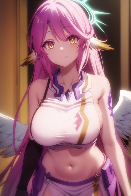 jibril, <lora:jibril s1-lora-nochekaiser:1>, BREAK jibril, angel, angel wings, animal ears, bird ears, compass rose halo, feathered wings, feathers, gradient hair, halo, long hair, low wings, multicolored hair, navel, pink hair, symbol-shaped pupils, tattoo, white wings, wing ears, wings, (yellow eyes:1.5), smile,BREAK asymmetrical legwear, crop top, cross, gloves, mismatched legwear, sideboob,BREAK indoors, library,BREAK looking at viewer, (cowboy shot:1.5),BREAK <lyco:GoodHands-beta2:1>, (masterpiece:1.2), best quality, high resolution, unity 8k wallpaper, (illustration:0.8), (beautiful detailed eyes:1.6), extremely detailed face, perfect lighting, extremely detailed CG, (perfect hands, perfect anatomy),