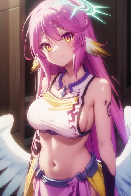 jibril, <lora:jibril s1-lora-nochekaiser:1>, BREAK jibril, angel, angel wings, animal ears, bird ears, compass rose halo, feathered wings, feathers, gradient hair, halo, long hair, low wings, multicolored hair, navel, pink hair, symbol-shaped pupils, tattoo, white wings, wing ears, wings, (yellow eyes:1.5), smile,BREAK asymmetrical legwear, crop top, cross, gloves, mismatched legwear, sideboob,BREAK indoors, library,BREAK looking at viewer, (cowboy shot:1.5),BREAK <lyco:GoodHands-beta2:1>, (masterpiece:1.2), best quality, high resolution, unity 8k wallpaper, (illustration:0.8), (beautiful detailed eyes:1.6), extremely detailed face, perfect lighting, extremely detailed CG, (perfect hands, perfect anatomy),