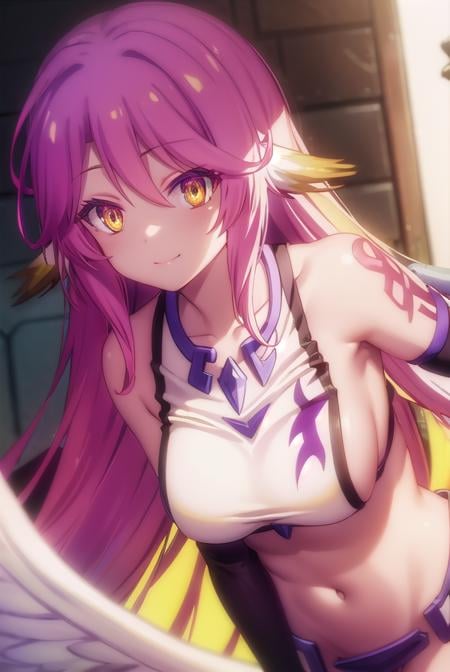 jibril, <lora:jibril s1-lora-nochekaiser:1>, BREAK jibril, angel, angel wings, animal ears, bird ears, compass rose halo, feathered wings, feathers, gradient hair, halo, long hair, low wings, multicolored hair, navel, pink hair, symbol-shaped pupils, tattoo, white wings, wing ears, wings, (yellow eyes:1.5), smile,BREAK asymmetrical legwear, crop top, cross, gloves, mismatched legwear, sideboob,BREAK indoors, library,BREAK looking at viewer, (cowboy shot:1.5),BREAK <lyco:GoodHands-beta2:1>, (masterpiece:1.2), best quality, high resolution, unity 8k wallpaper, (illustration:0.8), (beautiful detailed eyes:1.6), extremely detailed face, perfect lighting, extremely detailed CG, (perfect hands, perfect anatomy),