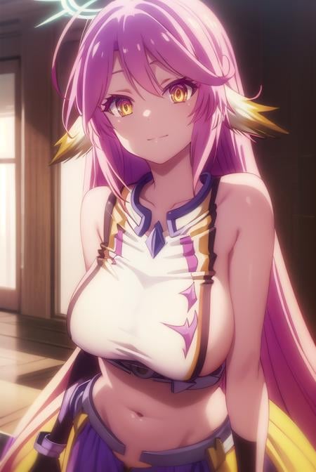 jibril, <lora:jibril s1-lora-nochekaiser:1>, BREAK jibril, angel, angel wings, animal ears, bird ears, compass rose halo, feathered wings, feathers, gradient hair, halo, long hair, low wings, multicolored hair, navel, pink hair, symbol-shaped pupils, tattoo, white wings, wing ears, wings, (yellow eyes:1.5), smile,BREAK asymmetrical legwear, crop top, cross, gloves, mismatched legwear, sideboob,BREAK indoors, library,BREAK looking at viewer, (cowboy shot:1.5),BREAK <lyco:GoodHands-beta2:1>, (masterpiece:1.2), best quality, high resolution, unity 8k wallpaper, (illustration:0.8), (beautiful detailed eyes:1.6), extremely detailed face, perfect lighting, extremely detailed CG, (perfect hands, perfect anatomy),