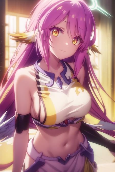 jibril, <lora:jibril s1-lora-nochekaiser:1>, BREAK jibril, angel, angel wings, animal ears, bird ears, compass rose halo, feathered wings, feathers, gradient hair, halo, long hair, low wings, multicolored hair, navel, pink hair, symbol-shaped pupils, tattoo, white wings, wing ears, wings, (yellow eyes:1.5), smile,BREAK asymmetrical legwear, crop top, cross, gloves, mismatched legwear, sideboob,BREAK indoors, library,BREAK looking at viewer, (cowboy shot:1.5),BREAK <lyco:GoodHands-beta2:1>, (masterpiece:1.2), best quality, high resolution, unity 8k wallpaper, (illustration:0.8), (beautiful detailed eyes:1.6), extremely detailed face, perfect lighting, extremely detailed CG, (perfect hands, perfect anatomy),