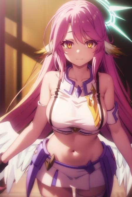 jibril, <lora:jibril s1-lora-nochekaiser:1>, BREAK jibril, angel, angel wings, animal ears, bird ears, compass rose halo, feathered wings, feathers, gradient hair, halo, long hair, low wings, multicolored hair, navel, pink hair, symbol-shaped pupils, tattoo, white wings, wing ears, wings, (yellow eyes:1.5), smile,BREAK asymmetrical legwear, crop top, cross, gloves, mismatched legwear, sideboob,BREAK indoors, library,BREAK looking at viewer, (cowboy shot:1.5),BREAK <lyco:GoodHands-beta2:1>, (masterpiece:1.2), best quality, high resolution, unity 8k wallpaper, (illustration:0.8), (beautiful detailed eyes:1.6), extremely detailed face, perfect lighting, extremely detailed CG, (perfect hands, perfect anatomy),