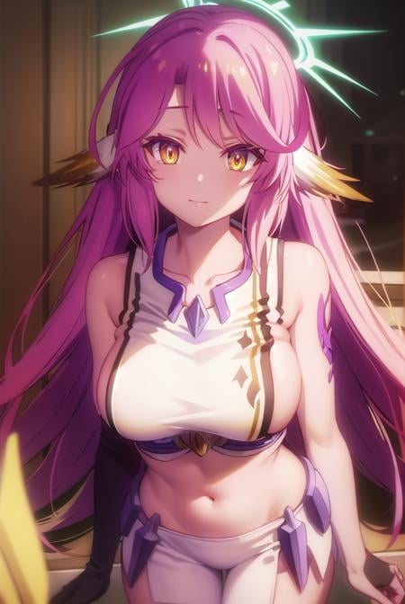 jibril, <lora:jibril s1-lora-nochekaiser:1>, BREAK jibril, angel, angel wings, animal ears, bird ears, compass rose halo, feathered wings, feathers, gradient hair, halo, long hair, low wings, multicolored hair, navel, pink hair, symbol-shaped pupils, tattoo, white wings, wing ears, wings, (yellow eyes:1.5), smile,BREAK asymmetrical legwear, crop top, cross, gloves, mismatched legwear, sideboob,BREAK indoors, library,BREAK looking at viewer, (cowboy shot:1.5),BREAK <lyco:GoodHands-beta2:1>, (masterpiece:1.2), best quality, high resolution, unity 8k wallpaper, (illustration:0.8), (beautiful detailed eyes:1.6), extremely detailed face, perfect lighting, extremely detailed CG, (perfect hands, perfect anatomy),