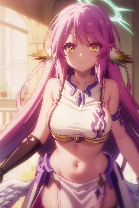 jibril, <lora:jibril s1-lora-nochekaiser:1>, BREAK jibril, angel, angel wings, animal ears, bird ears, compass rose halo, feathered wings, feathers, gradient hair, halo, long hair, low wings, multicolored hair, navel, pink hair, symbol-shaped pupils, tattoo, white wings, wing ears, wings, (yellow eyes:1.5), smile,BREAK asymmetrical legwear, crop top, cross, gloves, mismatched legwear, sideboob,BREAK indoors, library,BREAK looking at viewer, (cowboy shot:1.5),BREAK <lyco:GoodHands-beta2:1>, (masterpiece:1.2), best quality, high resolution, unity 8k wallpaper, (illustration:0.8), (beautiful detailed eyes:1.6), extremely detailed face, perfect lighting, extremely detailed CG, (perfect hands, perfect anatomy),